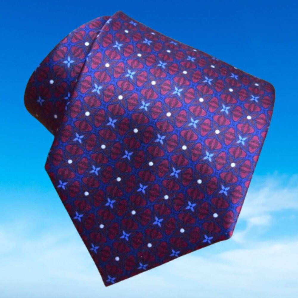 $640 BRIONI Maroon Light Blue Geometric Floral Handmade Italy Silk Neck Tie Long